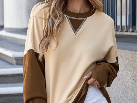 Apricot Color Block Thumbhole Sleeve Drop Shoulder Sweatshirt For Cheap