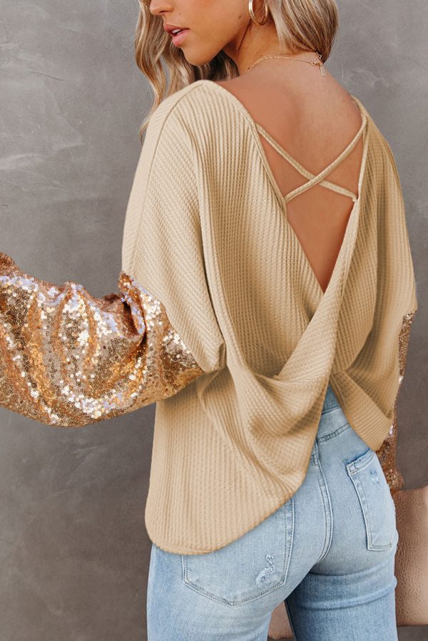 Apricot Sequin Patchwork Sleeve Open Back Waffle Knit Top Online Sale