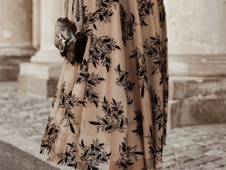 Apricot Floral Leaves Embroidered High Waist Maxi Skirt Fashion