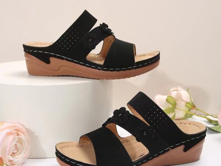 Flower PU Leather Wedge Sandals Discount