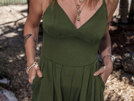 Moss Green Spaghetti Straps Cinched Waist Ribbed Romper Online