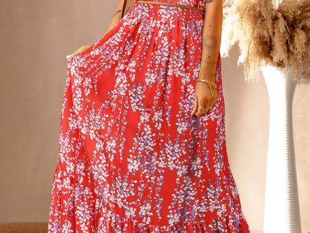 Fiery Red Multicolor Floral Ruffled Crop Top and Maxi Skirt Set Online Hot Sale