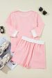 Pink Corded Colorblock Long Sleeve Top and Shorts Set For Sale