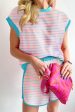 Pink Stripe Color Block Loose Fit Two Piece Shorts Set Fashion