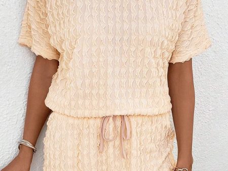 Beige Frill Textured Short Sleeve Top and Drawstring Shorts Set Online Sale