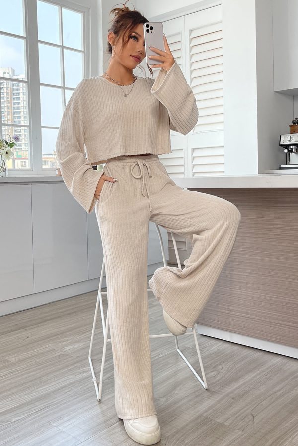 Khaki Ribbed Knit Bell Sleeve Crop Top Drawstring Pants Set Discount