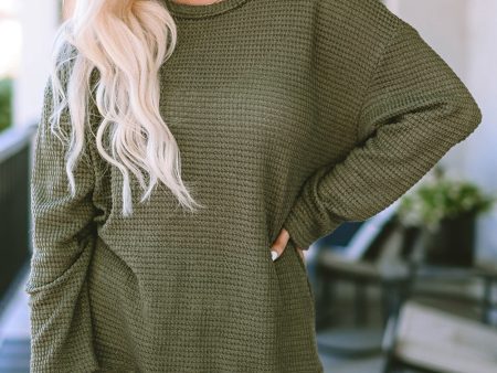 Green Waffle Knit High Slits Oversized Top For Sale