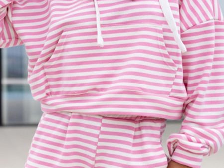 Pink Stripe Kangaroo Pocket Hoodie and Wide Leg Shorts Set Online now