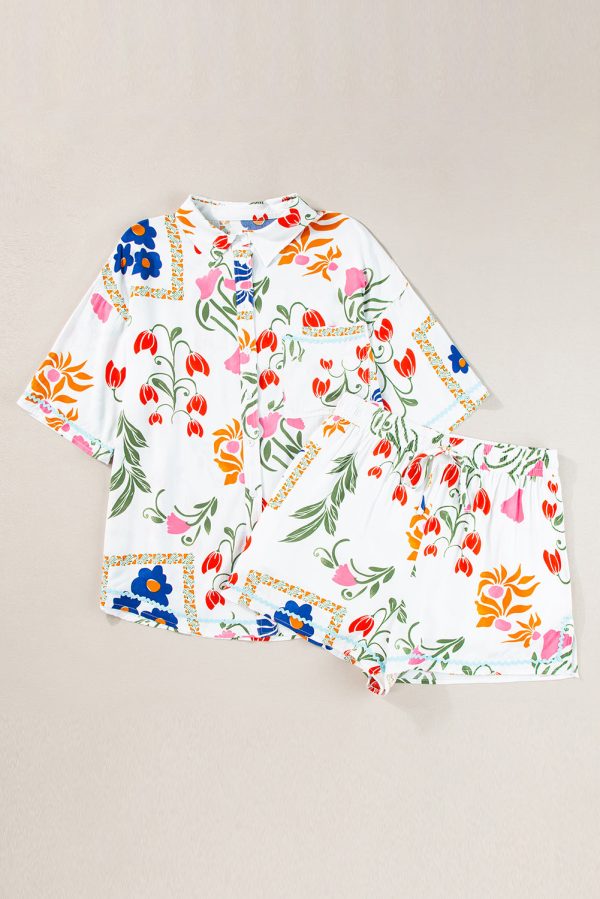 Ricrac Trim Floral Short Sleeve Shirt and Shorts Outfit Hot on Sale