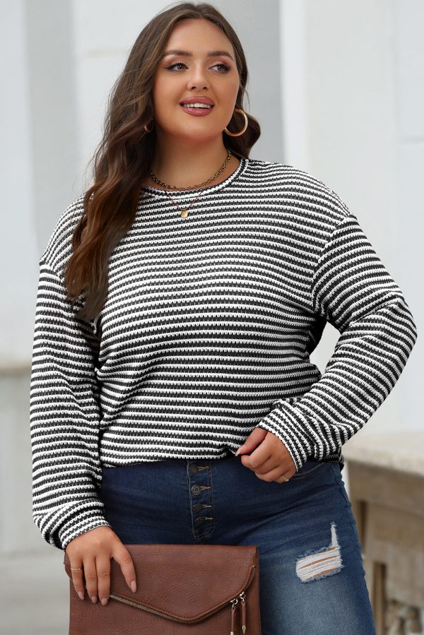 Black Stripe Round Neck Drop Shoulder Long Sleeve Top Online now