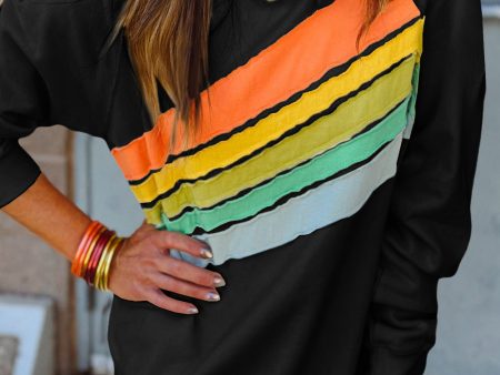 Black Rainbow Colorblock Striped Pullover Sweatshirt on Sale