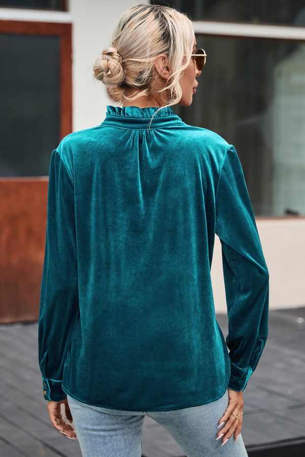 Green Frilled Neck Buttoned Front Velvet Top Hot on Sale