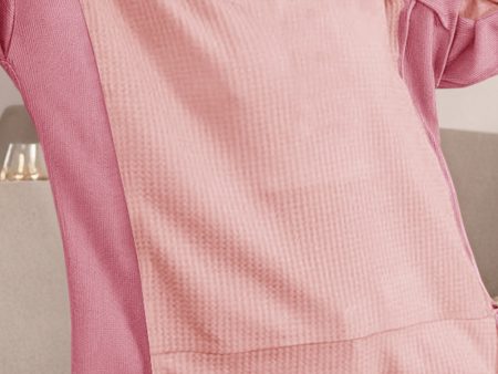 Apricot Pink Color Block Waffle High Low Raglan Sleeve Sweatshirt Online Sale