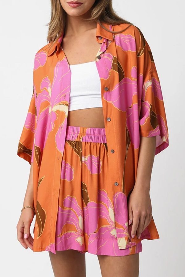 Russet Orange Floral Print Tunic Shirt and Shorts Set Online Sale