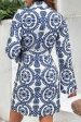 Blue Floral Print V Neck Wrapped Knot Long Sleeve Dress Online Hot Sale