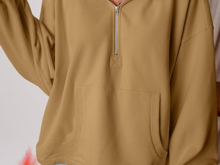 Brown Fleece Lined Half Zipper Kangaroo Pockets Loose Hoodie For Sale