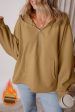 Brown Fleece Lined Half Zipper Kangaroo Pockets Loose Hoodie For Sale