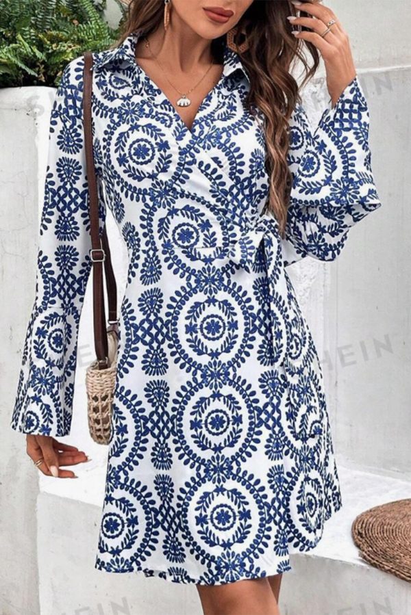 Blue Floral Print V Neck Wrapped Knot Long Sleeve Dress Online Hot Sale