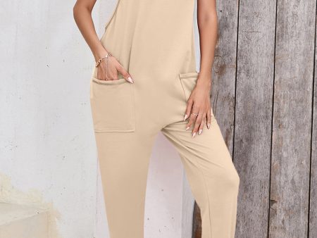 Apricot Side Pockets Harem Pants Sleeveless V Neck Jumpsuit Online Sale