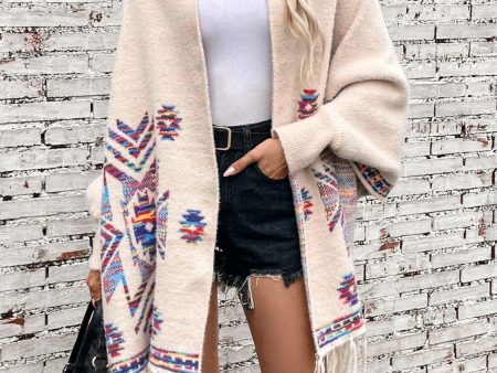 Fringe Geometric Open Front Long Sleeve Cape Supply