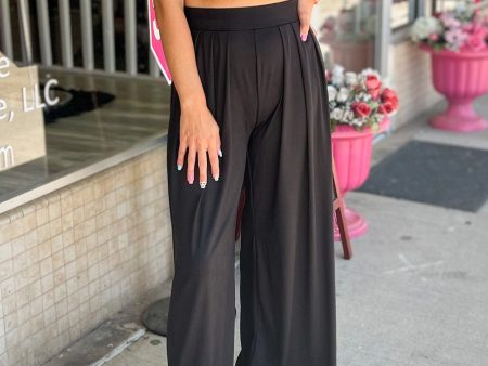 Black Slim Fit Crop Top and Pleated Wide Leg Pants Set Cheap