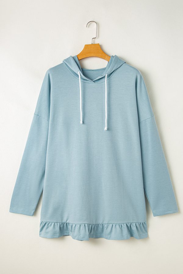 Iceland Blue Solid Ruffled Hem Loose Fit Tunic Hoodie Fashion