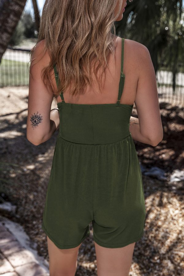 Moss Green Spaghetti Straps Cinched Waist Ribbed Romper Online