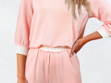 Pink Corded Colorblock Long Sleeve Top and Shorts Set For Sale