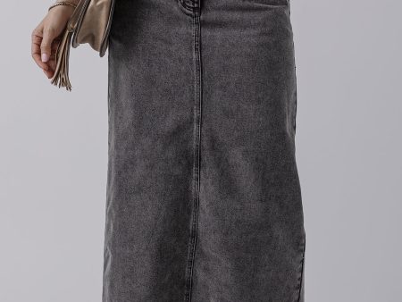 Dark Grey Denim Raw Hem Back Split High Waist Long Skirt Hot on Sale