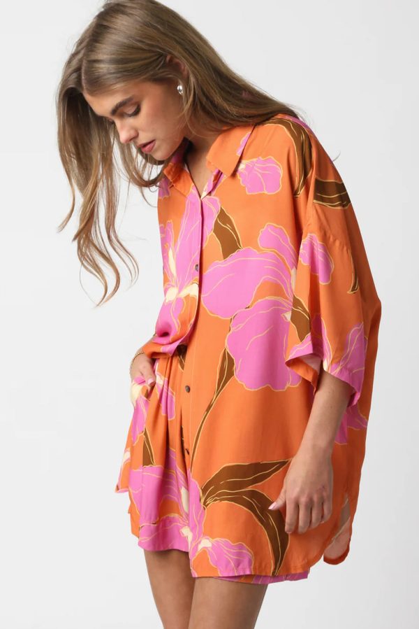 Russet Orange Floral Print Tunic Shirt and Shorts Set Online Sale