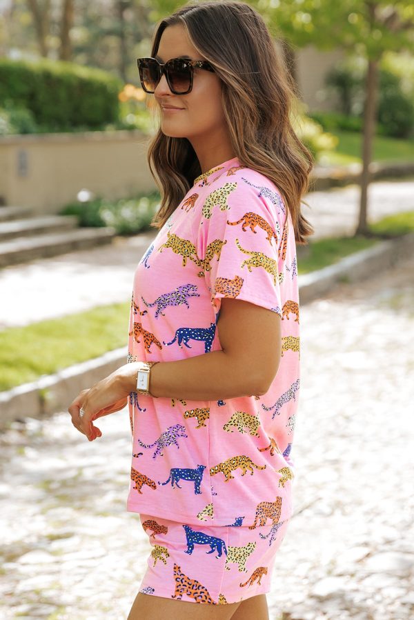 Pink Flower Print Short Sleeve High Waist Two Piece Shorts Set Online Hot Sale