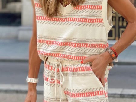 Beige Western Striped Print Casual Tank 2pcs Outfit Online