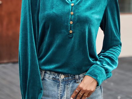 Green Frilled Neck Buttoned Front Velvet Top Hot on Sale