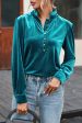 Green Frilled Neck Buttoned Front Velvet Top Hot on Sale