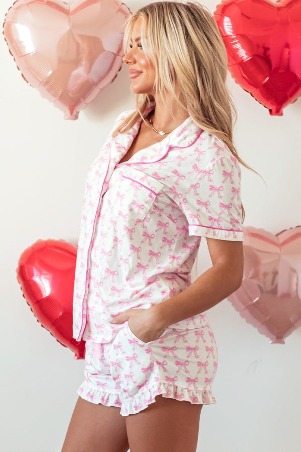 Pink Bowknot Printed Short Sleeve and Ruffled Shorts Valentines Pajama Set Hot on Sale