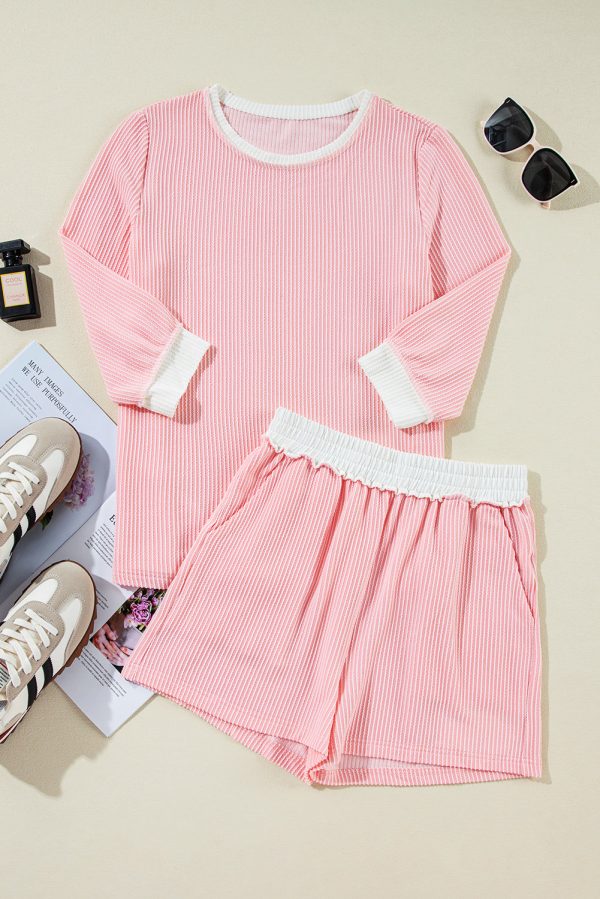 Pink Corded Colorblock Long Sleeve Top and Shorts Set For Sale