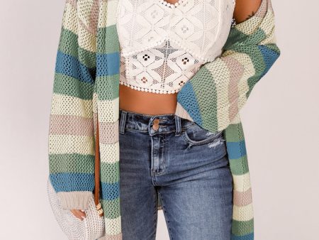 Green Striped Color Block Hollowed Knit Cardigan Hot on Sale