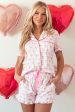 Pink Bowknot Printed Short Sleeve and Ruffled Shorts Valentines Pajama Set Hot on Sale