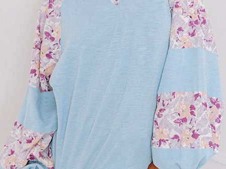 Beau Blue Textured Floral Patchwork Balloon Sleeve Blouse Supply