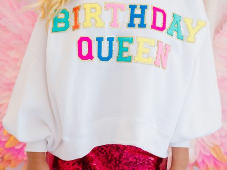 White BIRTHDAY QUEEN Graphic Balloon Sleeve Sweatshirt For Sale