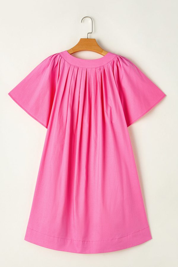 Bonbon Split V Neck Short Flutter Sleeve Pleated Shift Dress Sale