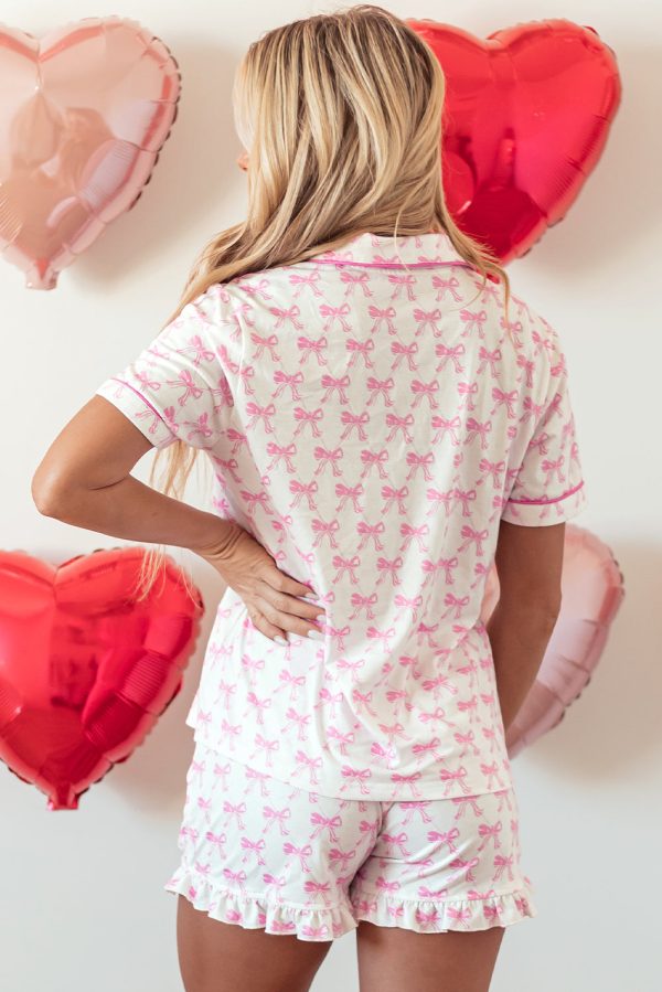 Pink Bowknot Printed Short Sleeve and Ruffled Shorts Valentines Pajama Set Hot on Sale