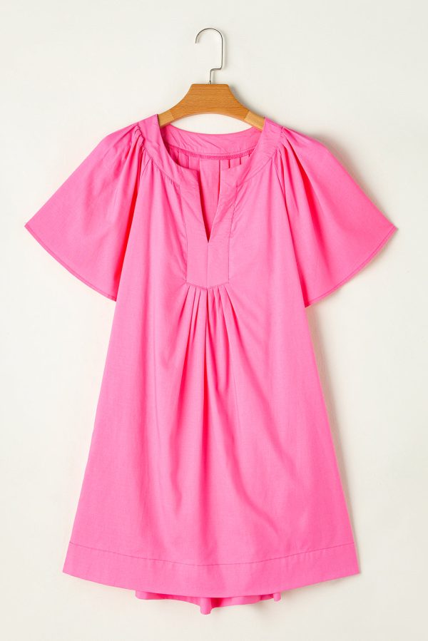 Bonbon Split V Neck Short Flutter Sleeve Pleated Shift Dress Sale