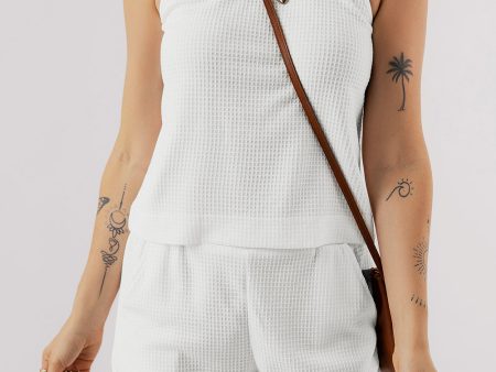 White Waffle Knit Textured Spaghetti Straps Cami and Shorts Set Cheap