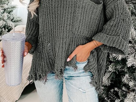 Gray Ripped Raw Hem Chunky Pullover Sweater Online Hot Sale