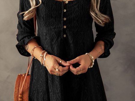 Black Lace Crochet Buttoned Square Neck Shift Mini Dress Sale