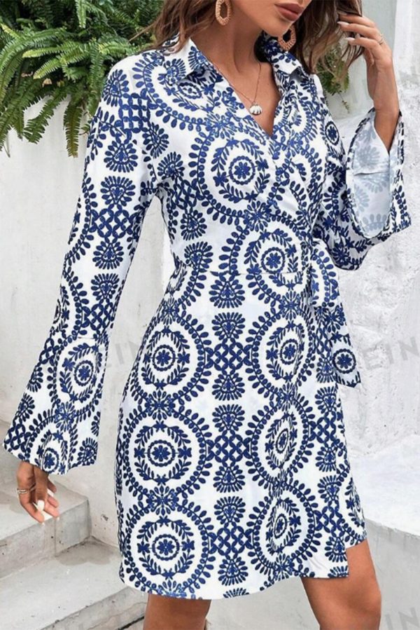 Blue Floral Print V Neck Wrapped Knot Long Sleeve Dress Online Hot Sale