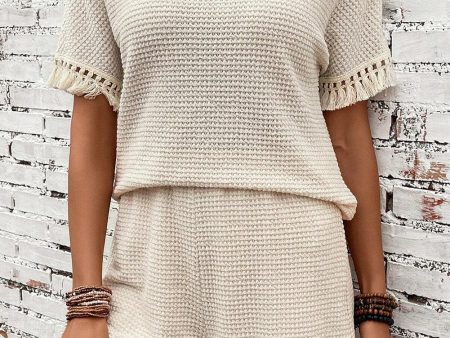 Beige Fringe Trim Textured Short Two Piece Set Online now