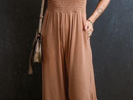 Dusty Pink Ruffled Shirred Wide Leg Sleeveless Jumpsuit on Sale