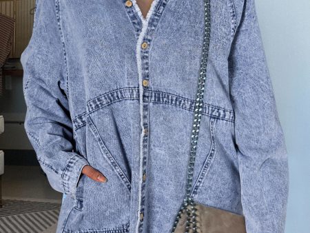 Beau Blue Mineral Wash Long Sleeve Button Up Raw Hem Pocketed Denim Dress Discount